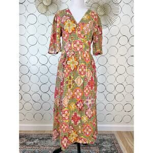 Floral Maxi Wrap Dress Womens 38 Green Pink Boho Cottage Feminine Puff Sleeve